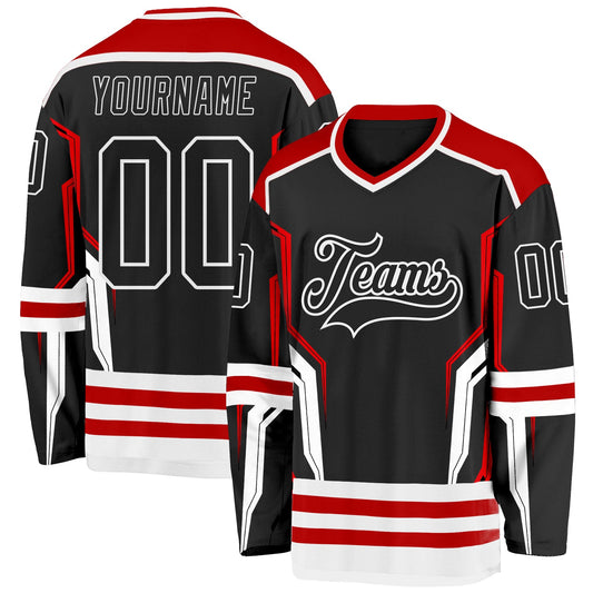Custom Black Red-White 3D Pattern Cyber Mecha E-sport Hockey Jersey - Main View