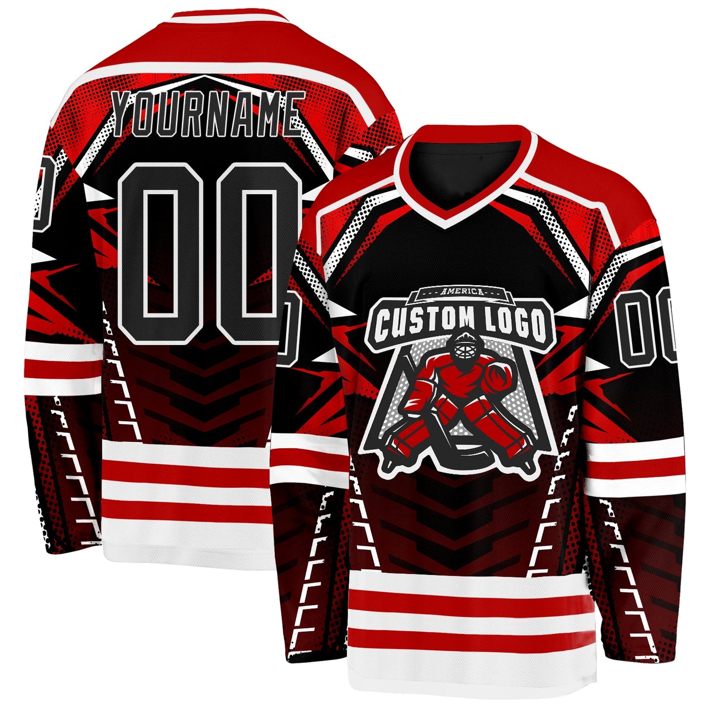 Custom Black Red-White 3D Pattern Cyber Mecha E-sport Hockey Jersey view 2