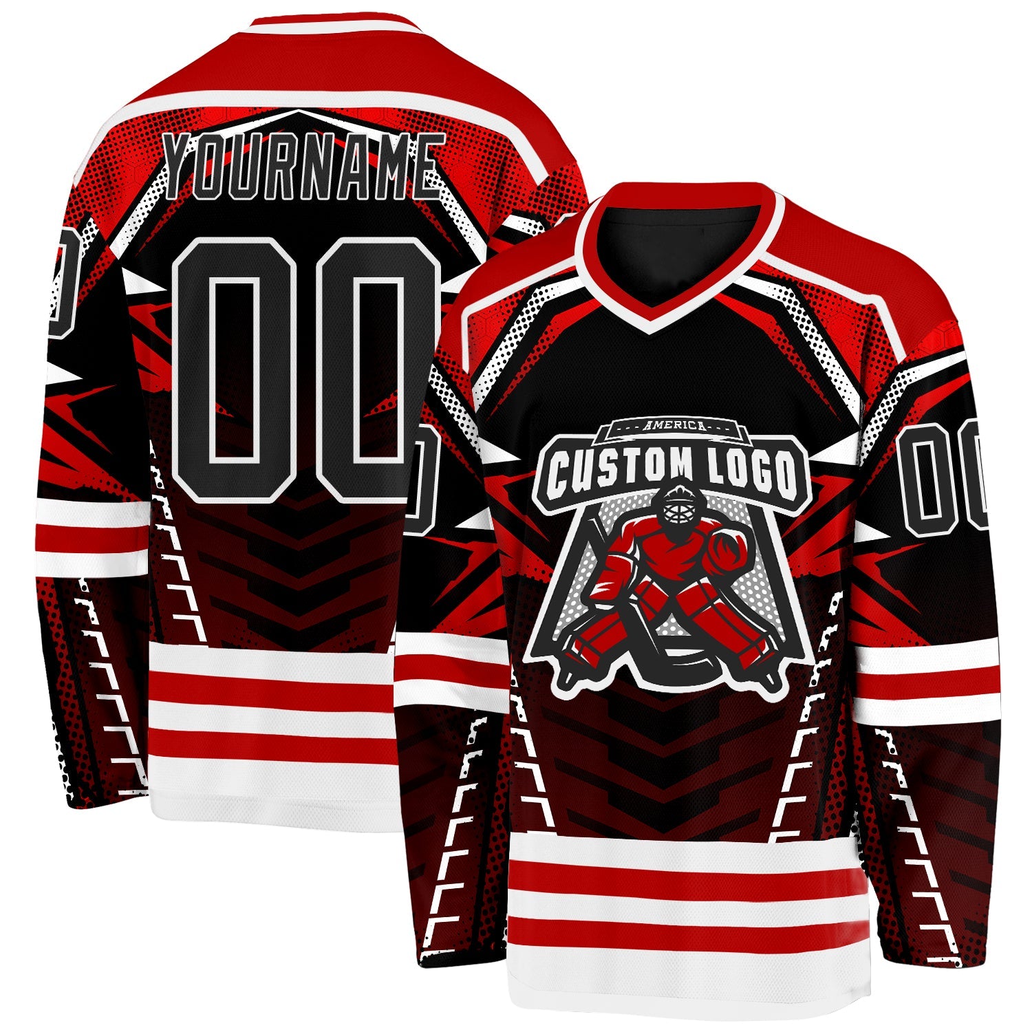 Custom Black Red-White 3D Pattern Cyber Mecha E-sport Hockey Jersey view 2