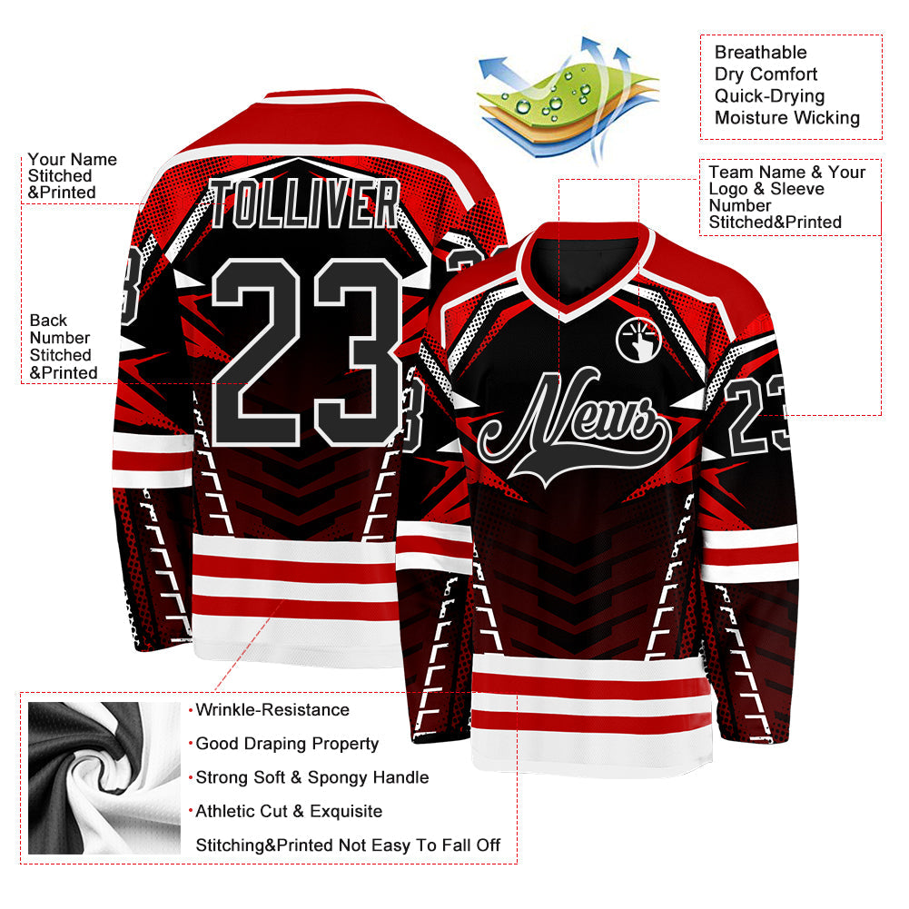 Custom Black Red-White 3D Pattern Cyber Mecha E-sport Hockey Jersey view 3