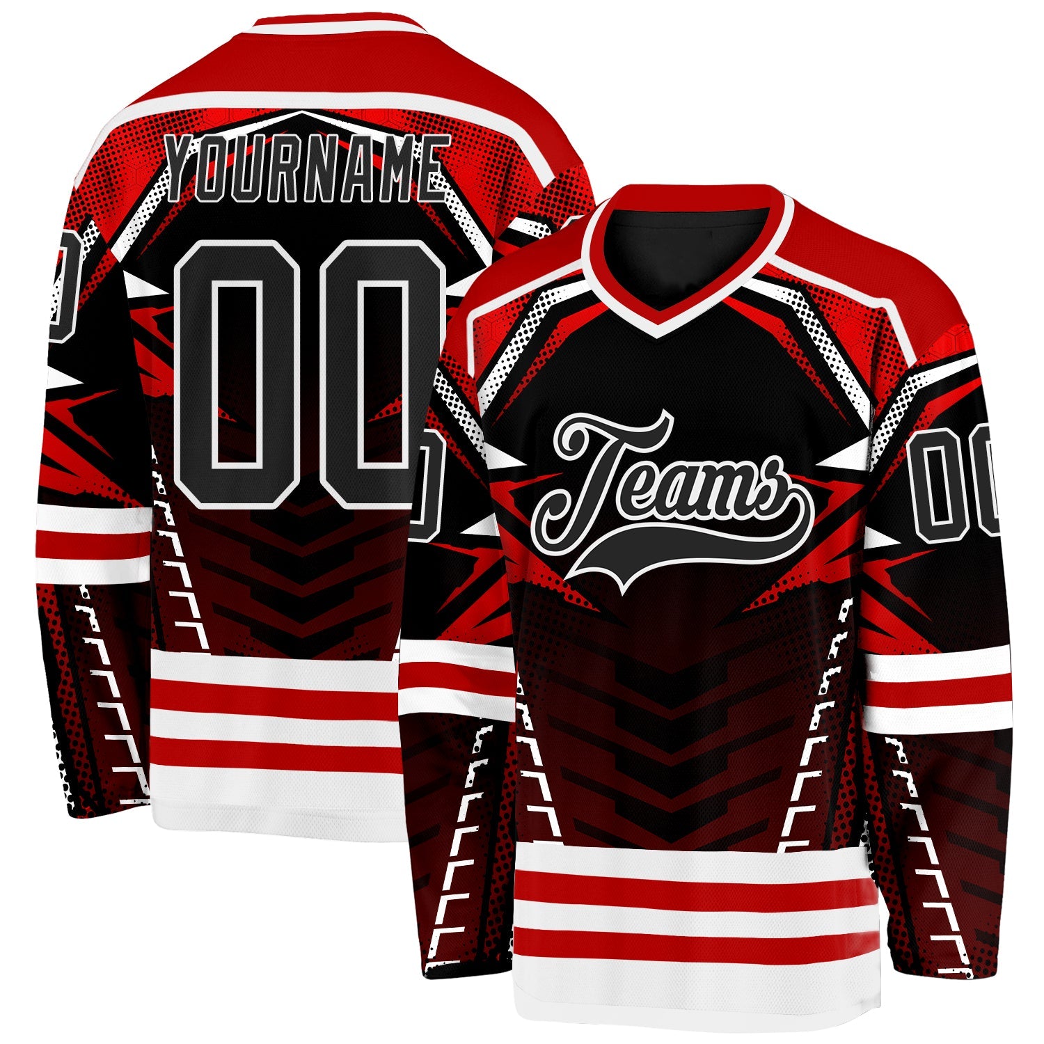 Custom Black Red-White 3D Pattern Cyber Mecha E-sport Hockey Jersey - Main View