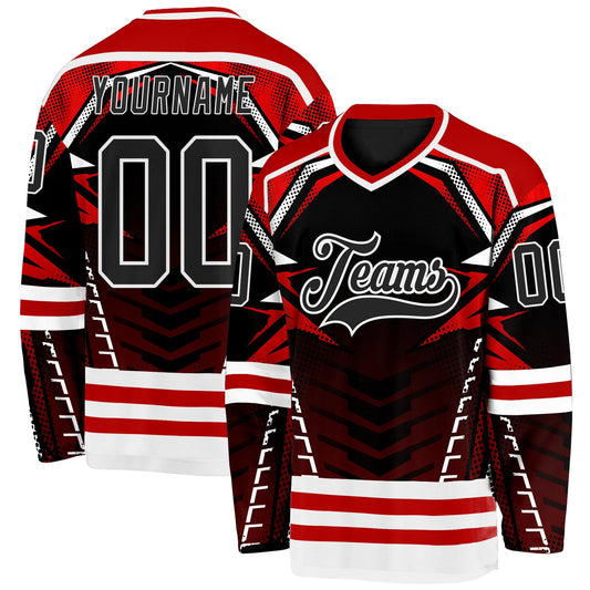 Custom Black Red-White 3D Pattern Cyber Mecha E-sport Hockey Jersey - Main View