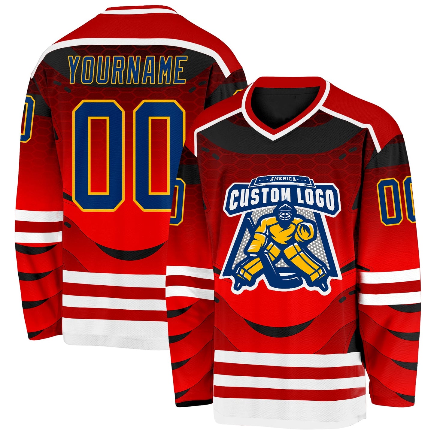 Custom Red US Navy Blue Gold-White 3D Pattern Cyber Mecha E-sport Hockey Jersey view 2