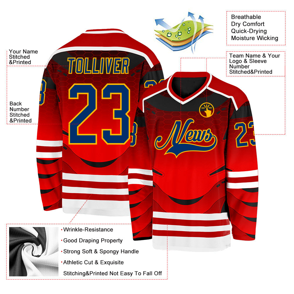Custom Red US Navy Blue Gold-White 3D Pattern Cyber Mecha E-sport Hockey Jersey view 3
