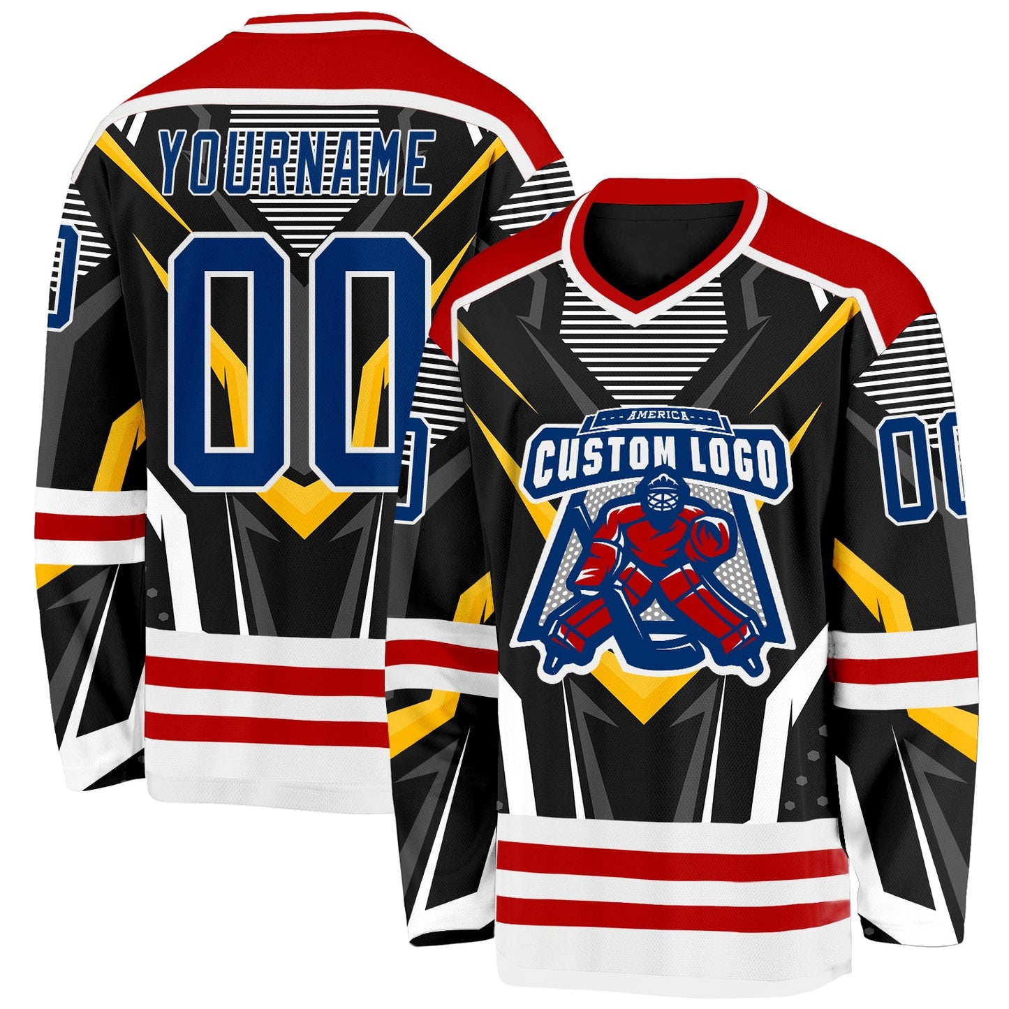 Custom Black US Navy Blue Red-White 3D Pattern Cyber Mecha E-sport Hockey Jersey view 2