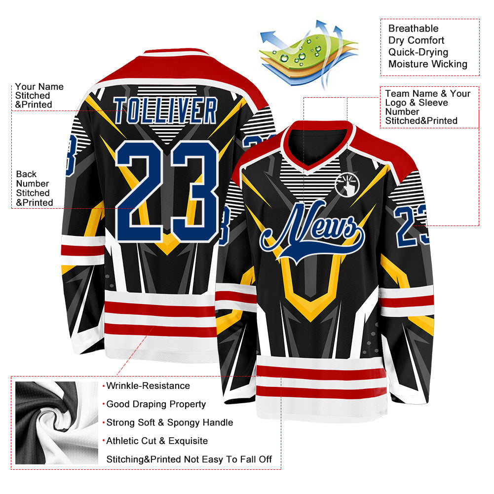 Custom Black US Navy Blue Red-White 3D Pattern Cyber Mecha E-sport Hockey Jersey view 3