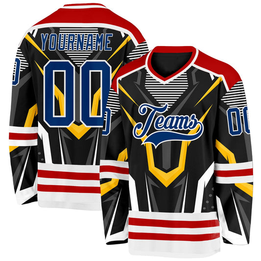 Custom Black US Navy Blue Red-White 3D Pattern Cyber Mecha E-sport Hockey Jersey - Main View