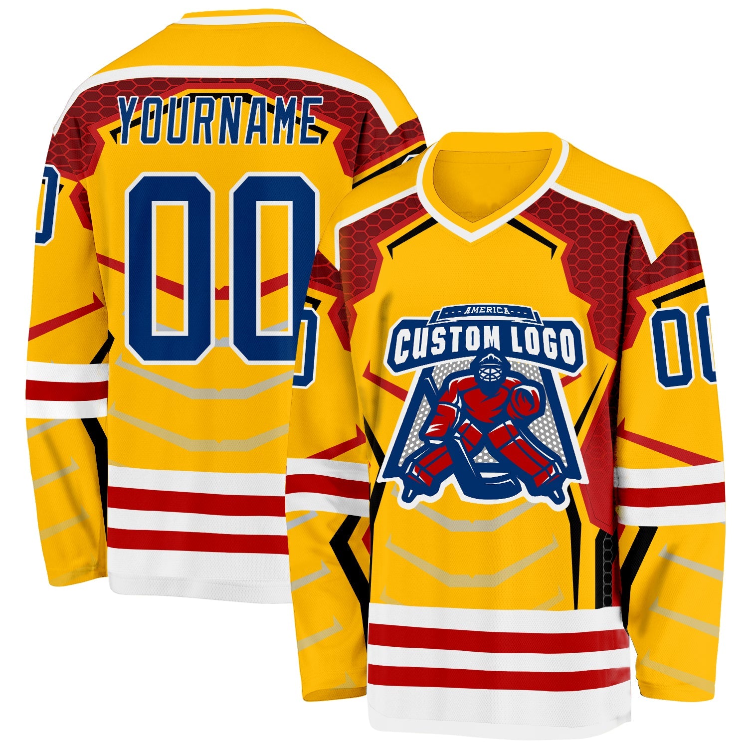 Custom Gold US Navy Blue Red-White 3D Pattern Cyber Mecha E-sport Hockey Jersey view 2