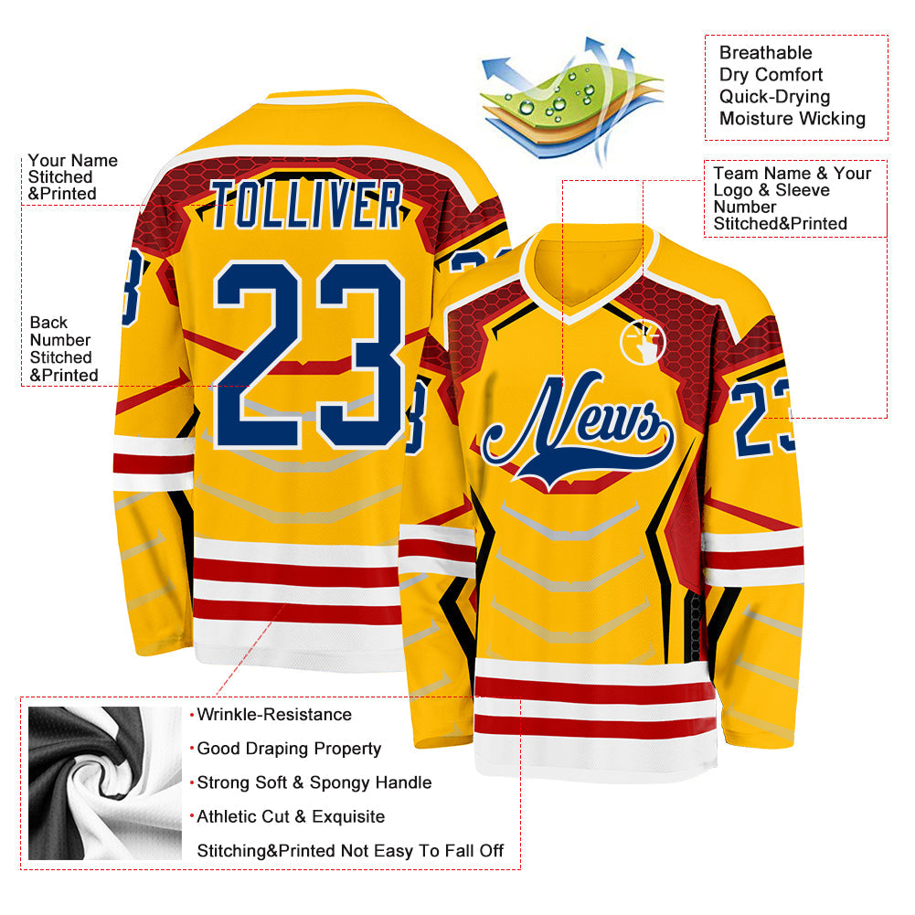 Custom Gold US Navy Blue Red-White 3D Pattern Cyber Mecha E-sport Hockey Jersey view 3