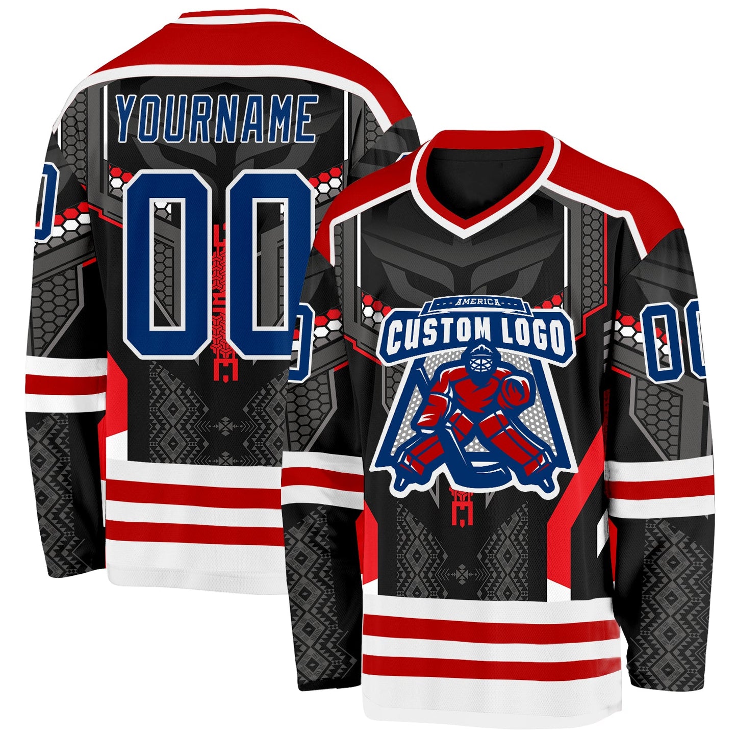 Custom Black US Navy Blue Red-White 3D Pattern Cyber Mecha E-sport Hockey Jersey view 2
