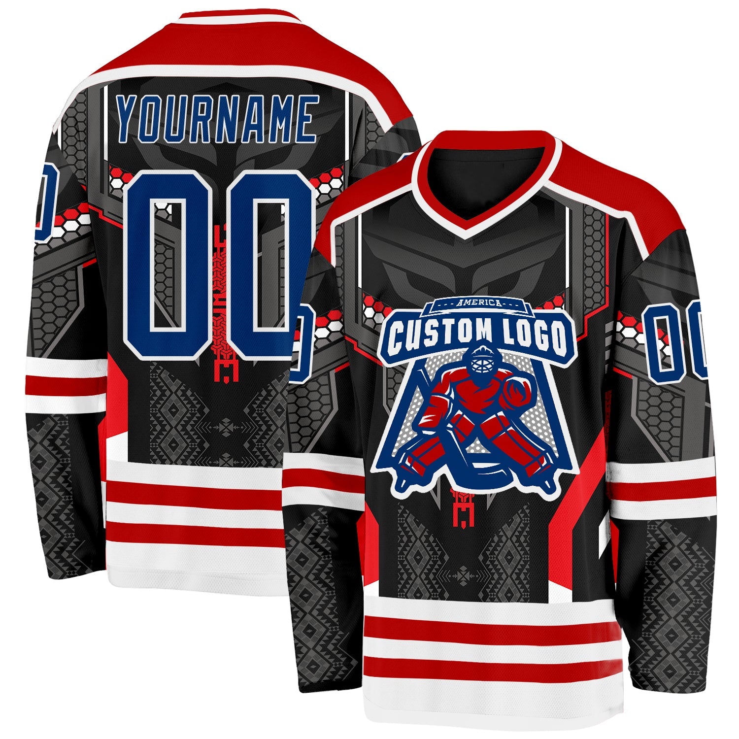 Custom Black US Navy Blue Red-White 3D Pattern Cyber Mecha E-sport Hockey Jersey view 2