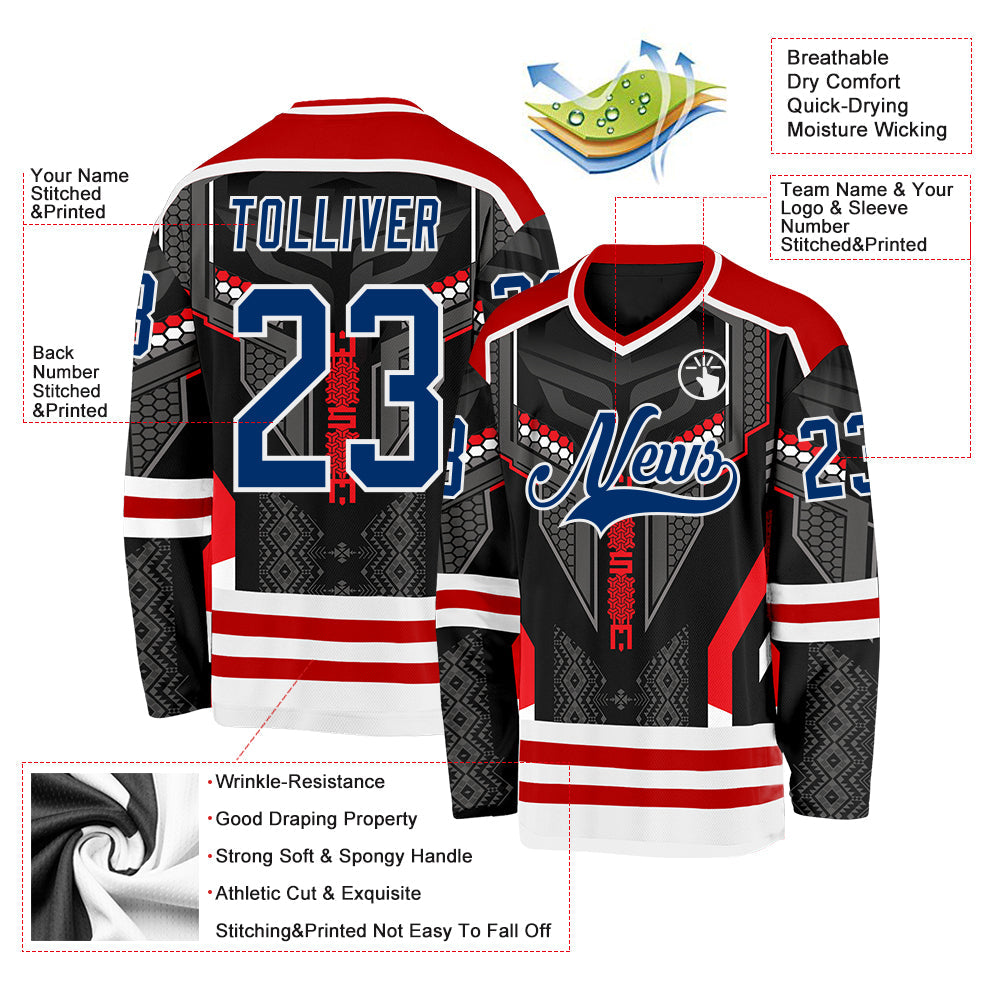 Custom Black US Navy Blue Red-White 3D Pattern Cyber Mecha E-sport Hockey Jersey view 3