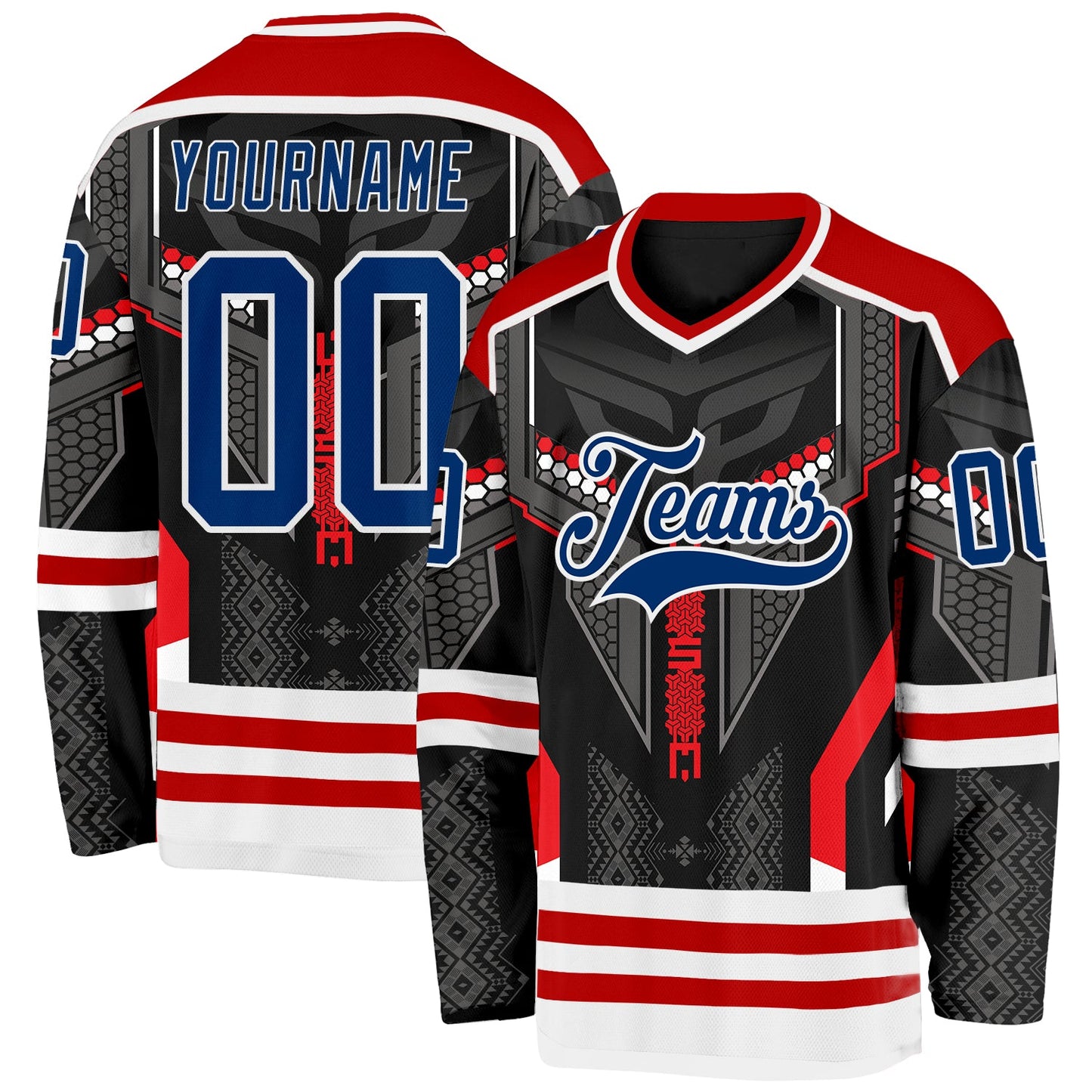 Custom Black US Navy Blue Red-White 3D Pattern Cyber Mecha E-sport Hockey Jersey - Main View