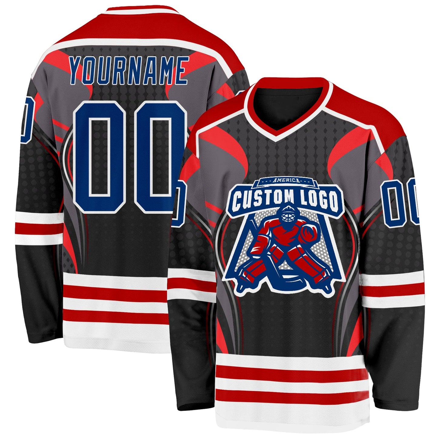 Custom Black US Navy Blue Red-White 3D Pattern Cyber Mecha E-sport Hockey Jersey view 2