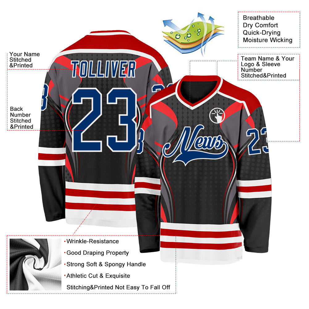 Custom Black US Navy Blue Red-White 3D Pattern Cyber Mecha E-sport Hockey Jersey view 3