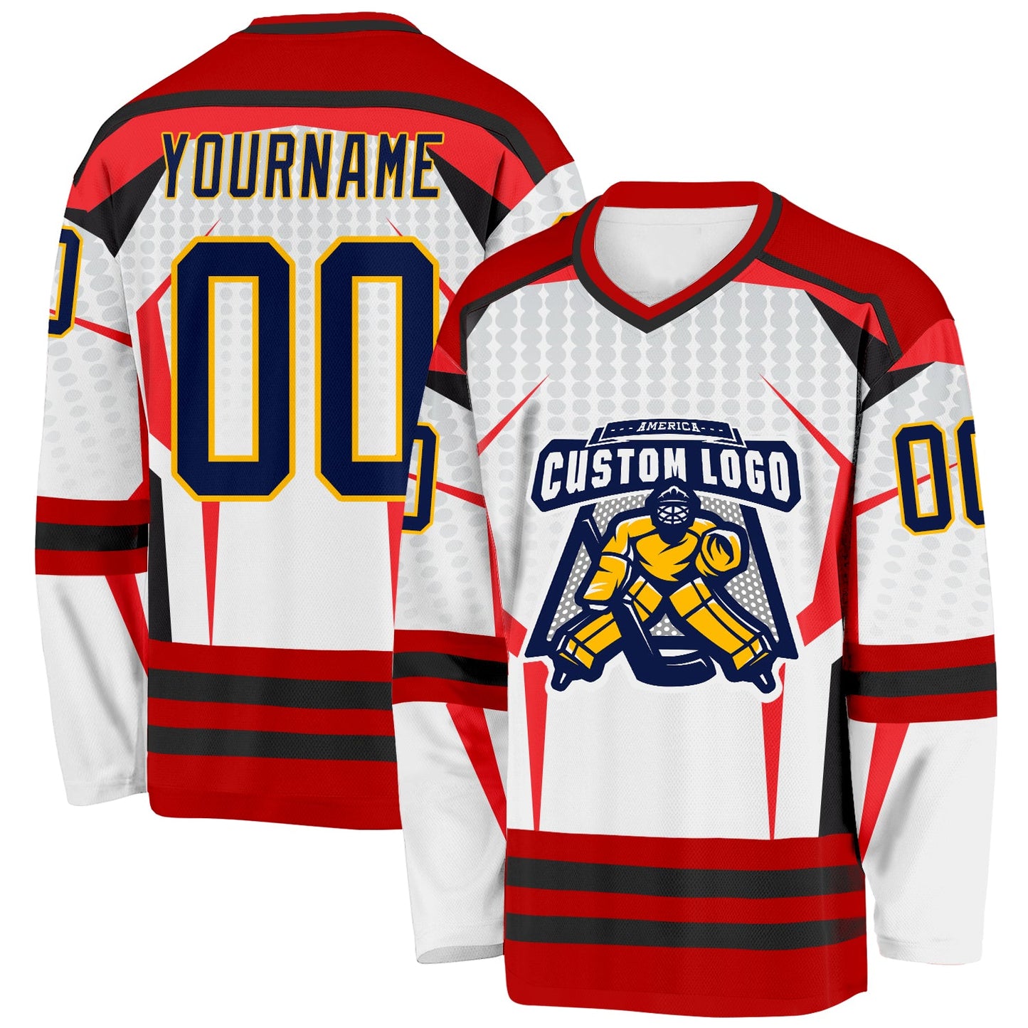 Custom White Navy Red Black-Gold 3D Pattern Cyber Mecha E-sport Hockey Jersey view 2