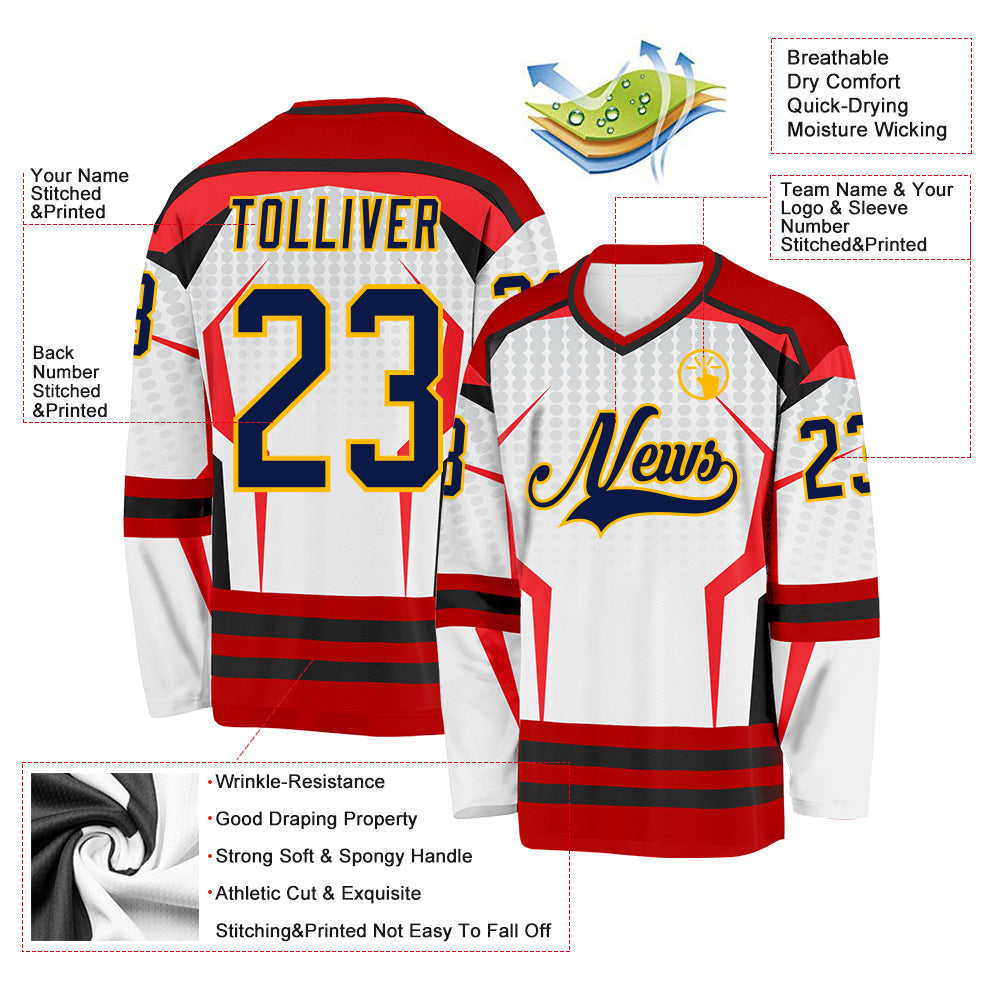 Custom White Navy Red Black-Gold 3D Pattern Cyber Mecha E-sport Hockey Jersey view 3