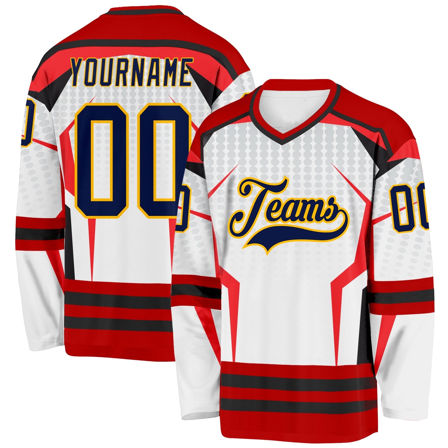 Custom White Navy Red Black-Gold 3D Pattern Cyber Mecha E-sport Hockey Jersey - Main View