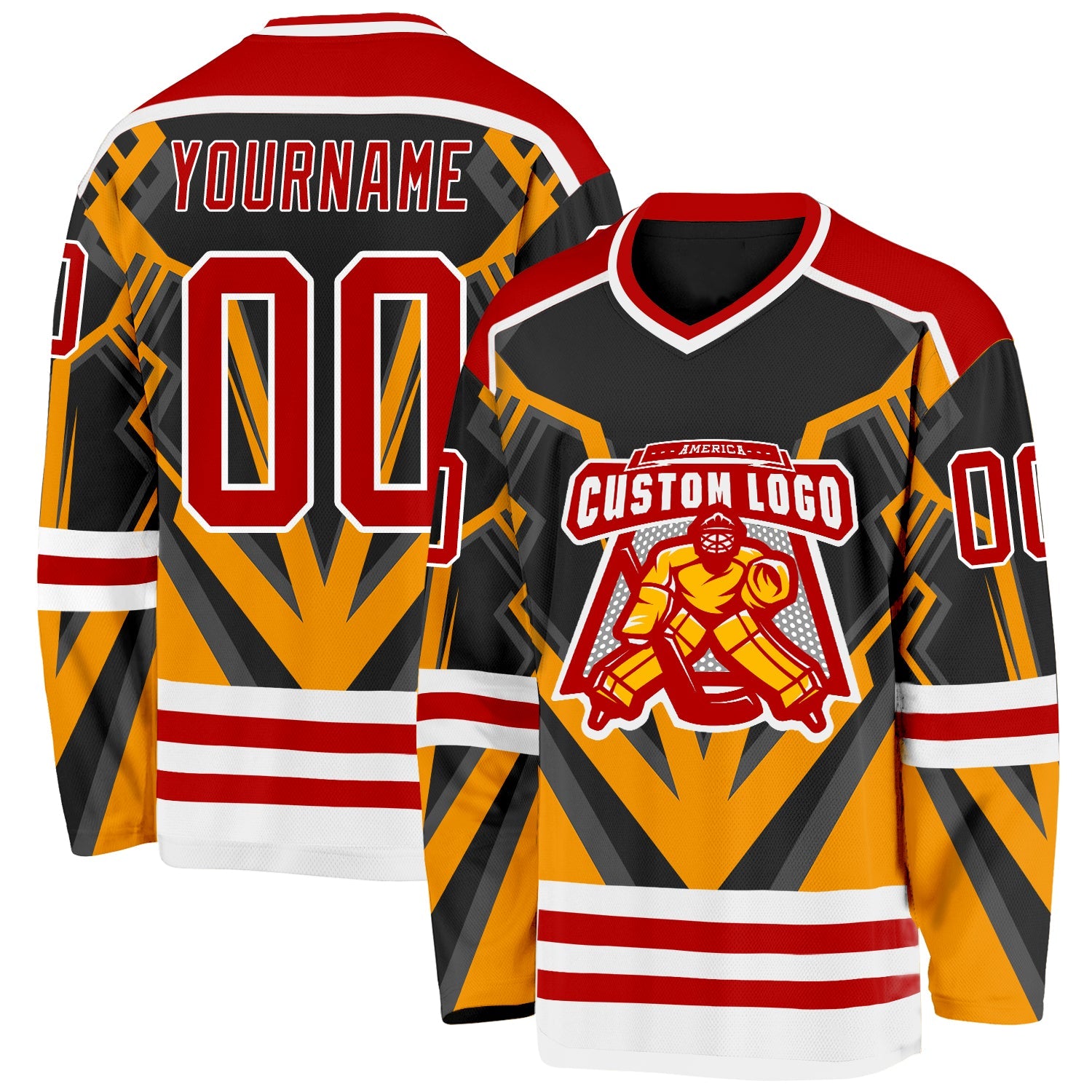 Custom Black Red Gold-White 3D Pattern Cyber Mecha E-sport Hockey Jersey view 2