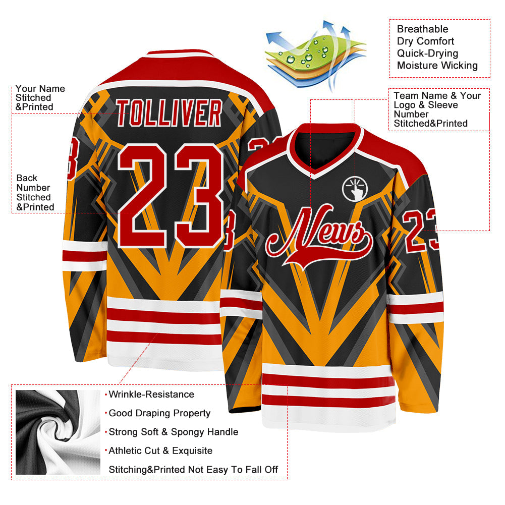 Custom Black Red Gold-White 3D Pattern Cyber Mecha E-sport Hockey Jersey view 3