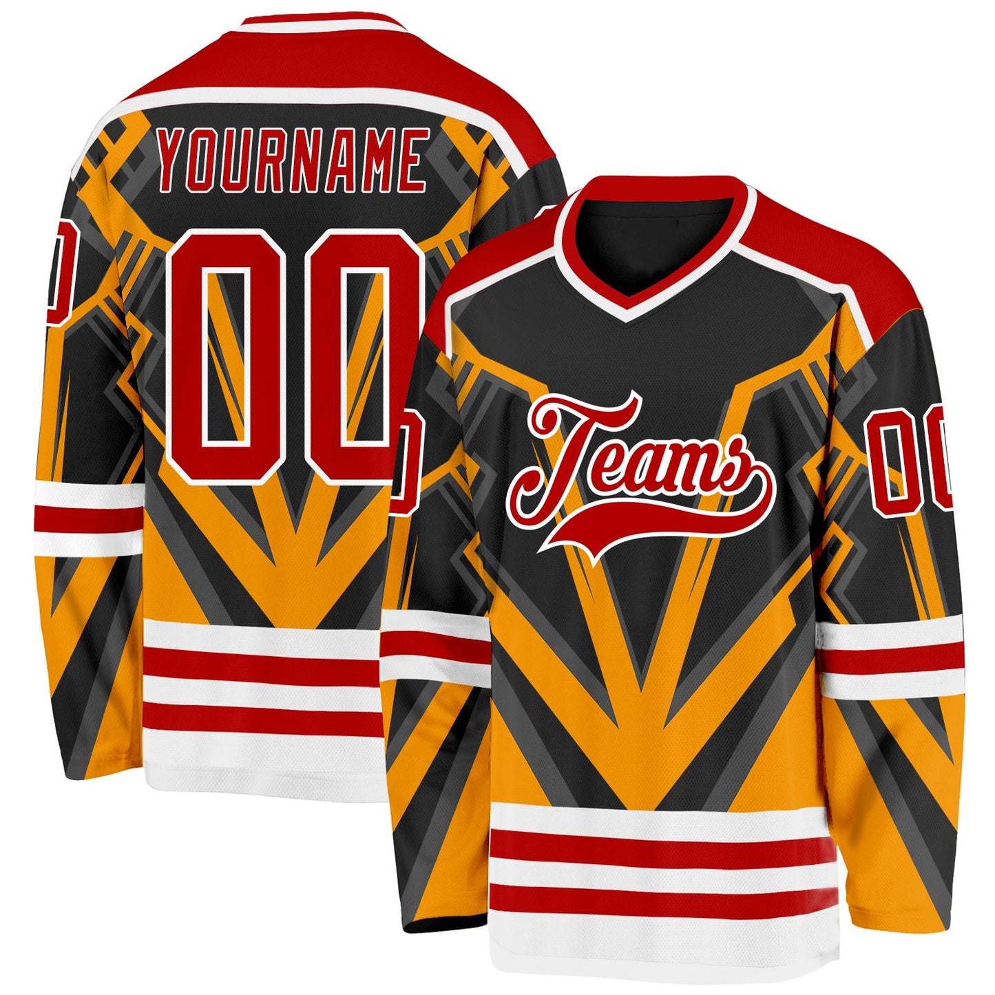 Custom Black Red Gold-White 3D Pattern Cyber Mecha E-sport Hockey Jersey - Main View