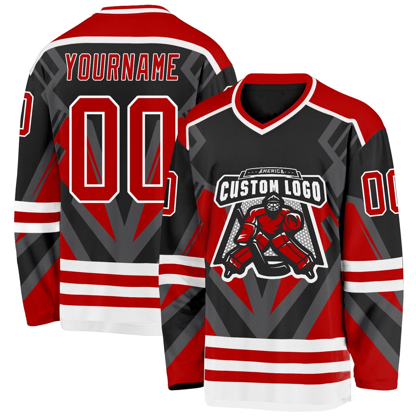 Custom Black Red Gray-White 3D Pattern Cyber Mecha E-sport Hockey Jersey view 2