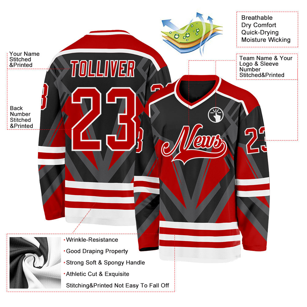 Custom Black Red Gray-White 3D Pattern Cyber Mecha E-sport Hockey Jersey view 3