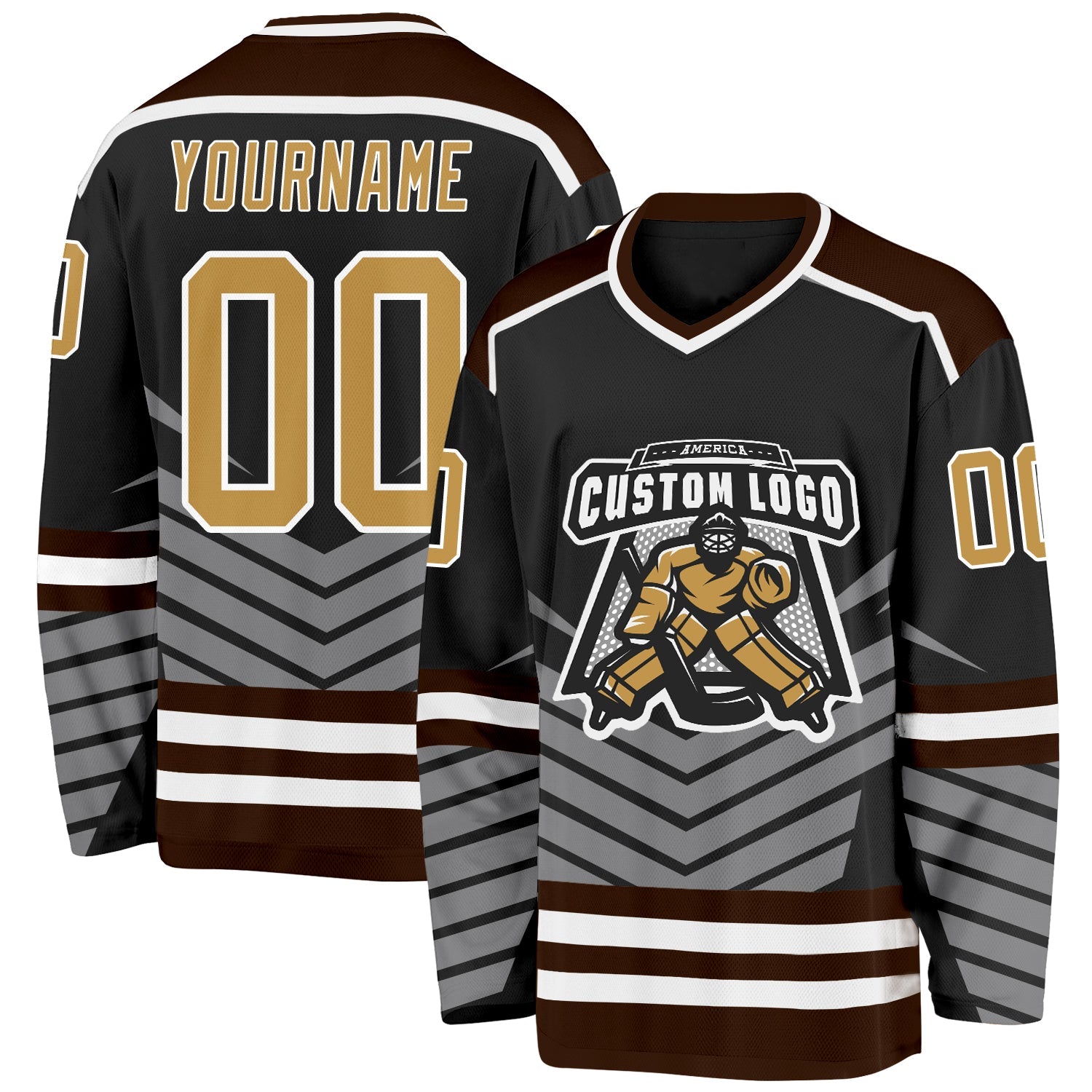 Custom Black Old Gold Gray Brown-White 3D Pattern Cyber Mecha E-sport Hockey Jersey view 2