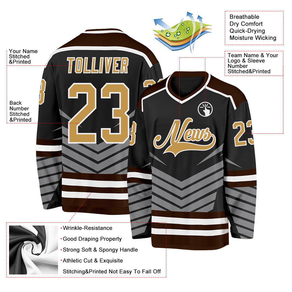 Custom Black Old Gold Gray Brown-White 3D Pattern Cyber Mecha E-sport Hockey Jersey view 3