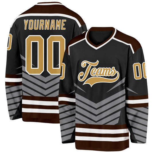 Custom Black Old Gold Gray Brown-White 3D Pattern Cyber Mecha E-sport Hockey Jersey - Main View