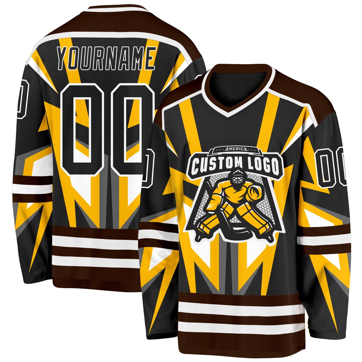 Custom Black Gold Brown-White 3D Pattern Cyber Mecha E-sport Hockey Jersey view 2