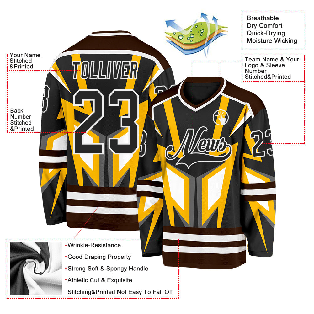 Custom Black Gold Brown-White 3D Pattern Cyber Mecha E-sport Hockey Jersey view 3