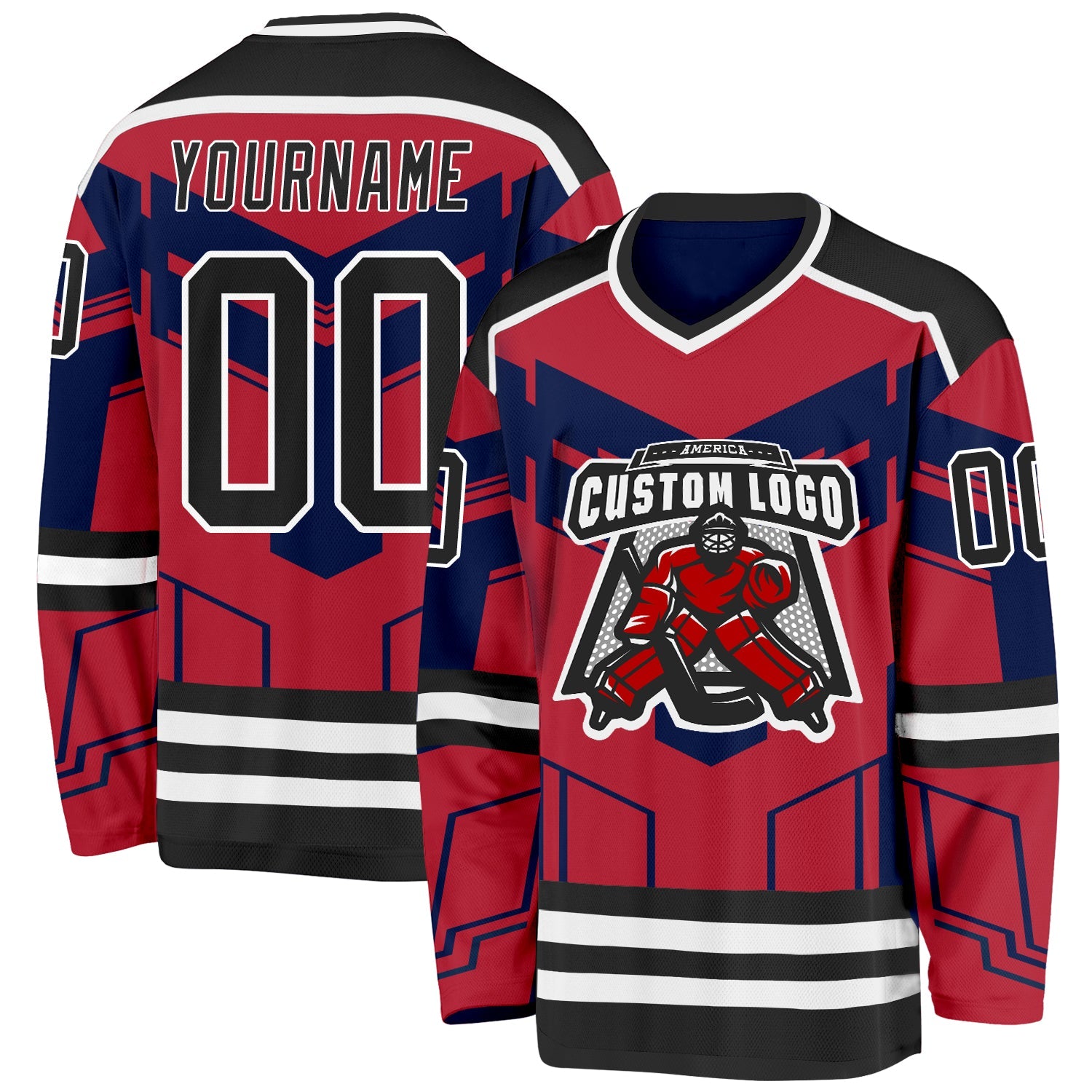 Custom Red Black Blue-White 3D Pattern Cyber Mecha E-sport Hockey Jersey view 2