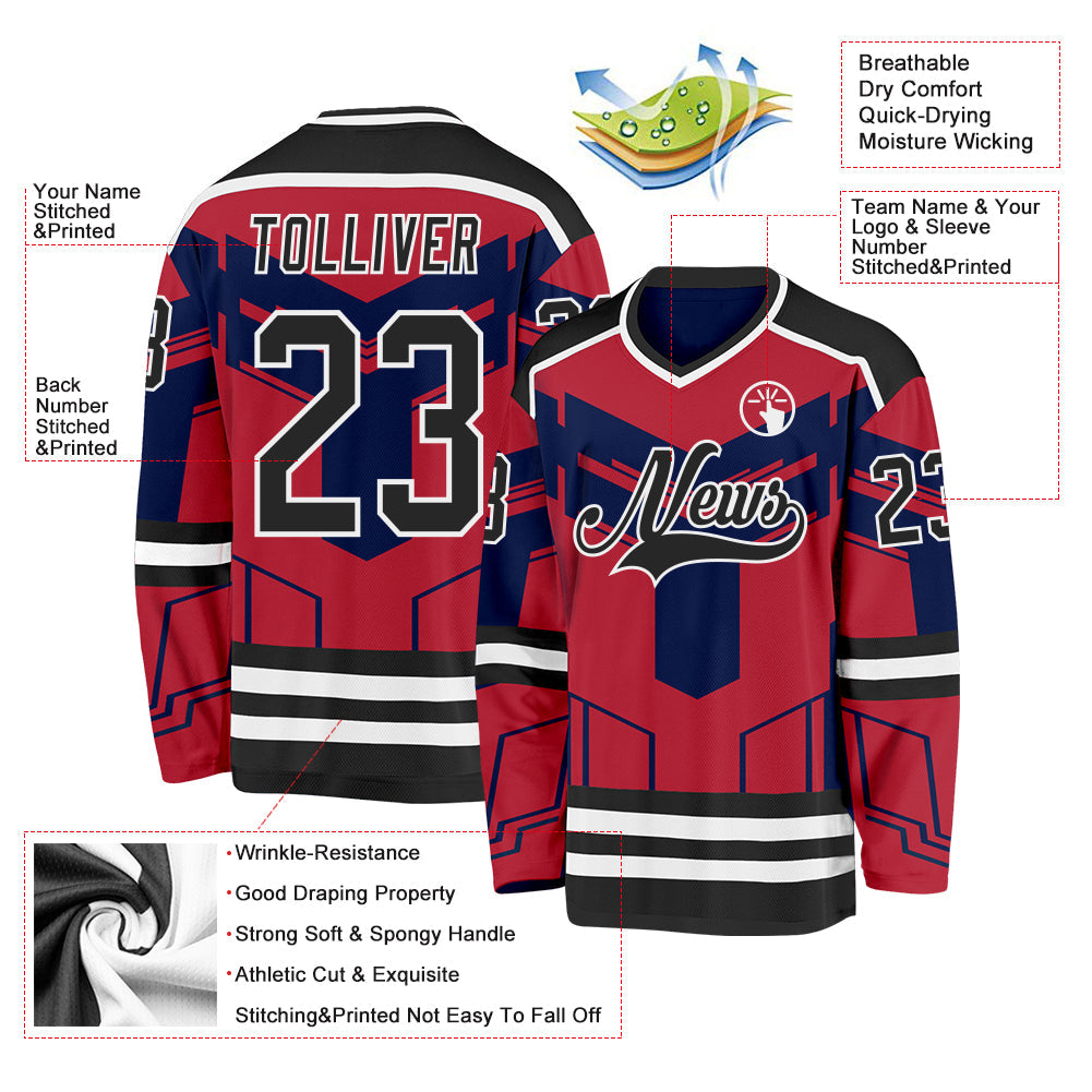 Custom Red Black Blue-White 3D Pattern Cyber Mecha E-sport Hockey Jersey view 3