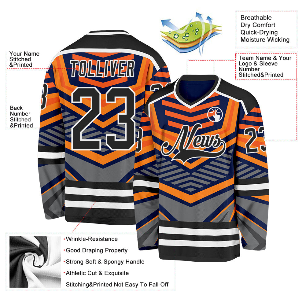 Custom Gray Black Orange-White 3D Pattern Cyber Mecha E-sport Hockey Jersey view 3