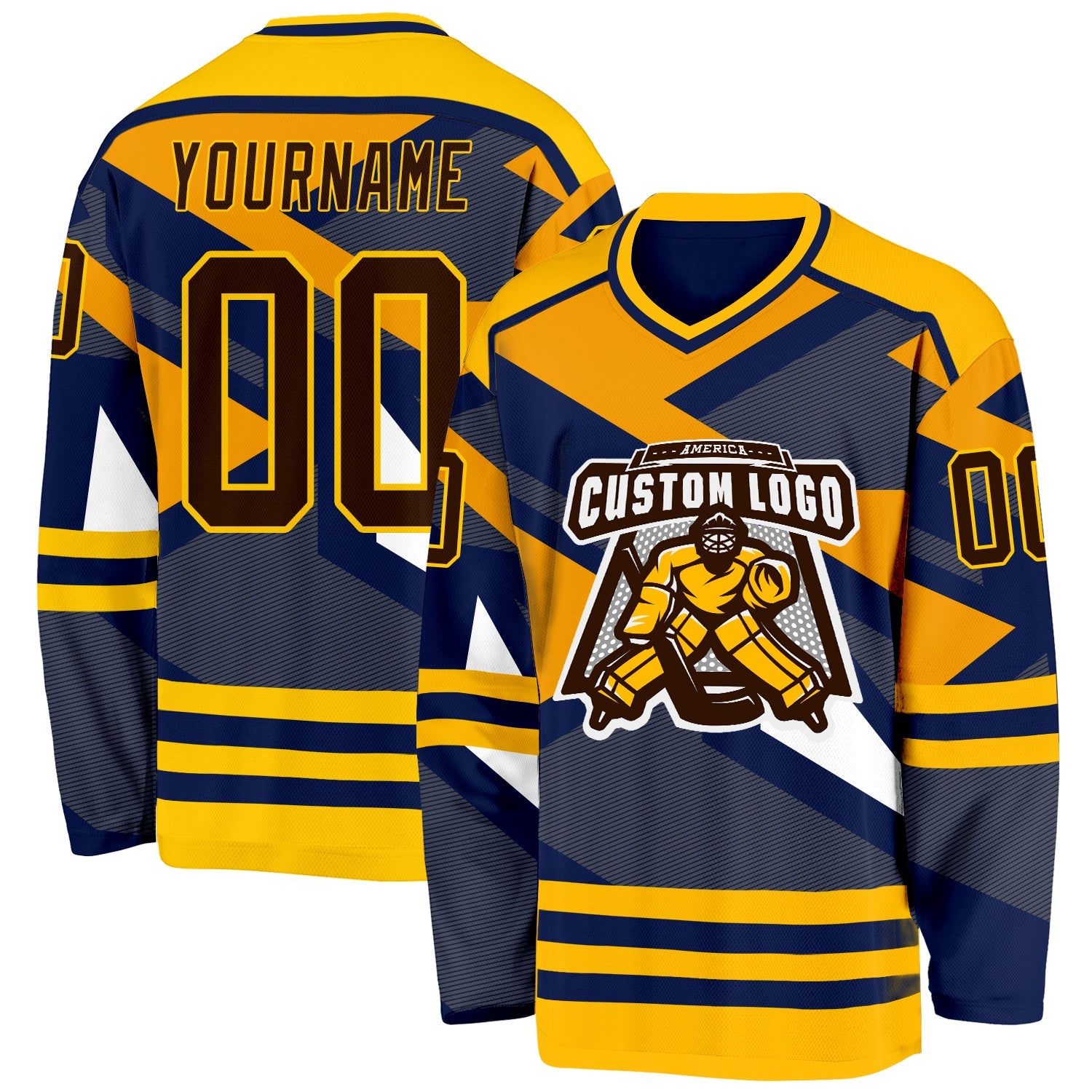 Custom Navy Brown Yellow-White 3D Pattern Cyber Mecha E-sport Hockey Jersey view 2