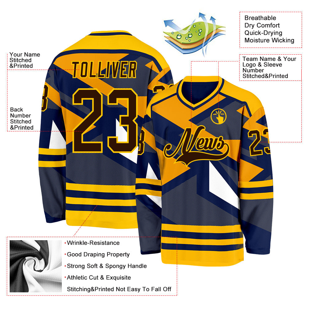 Custom Navy Brown Yellow-White 3D Pattern Cyber Mecha E-sport Hockey Jersey view 3