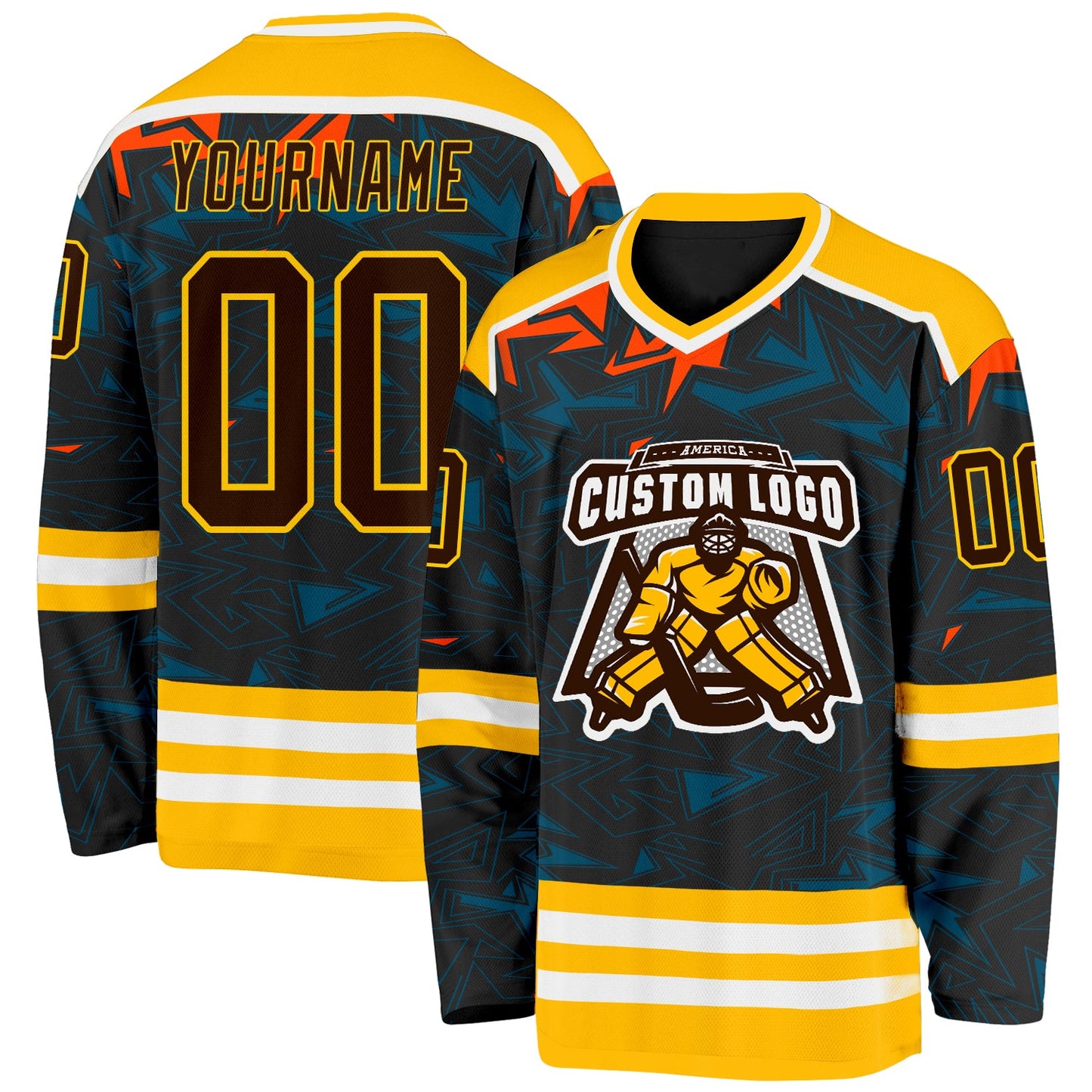 Custom Black Brown Yellow Orange Blue-White 3D Pattern Cyber Mecha E-sport Hockey Jersey view 2