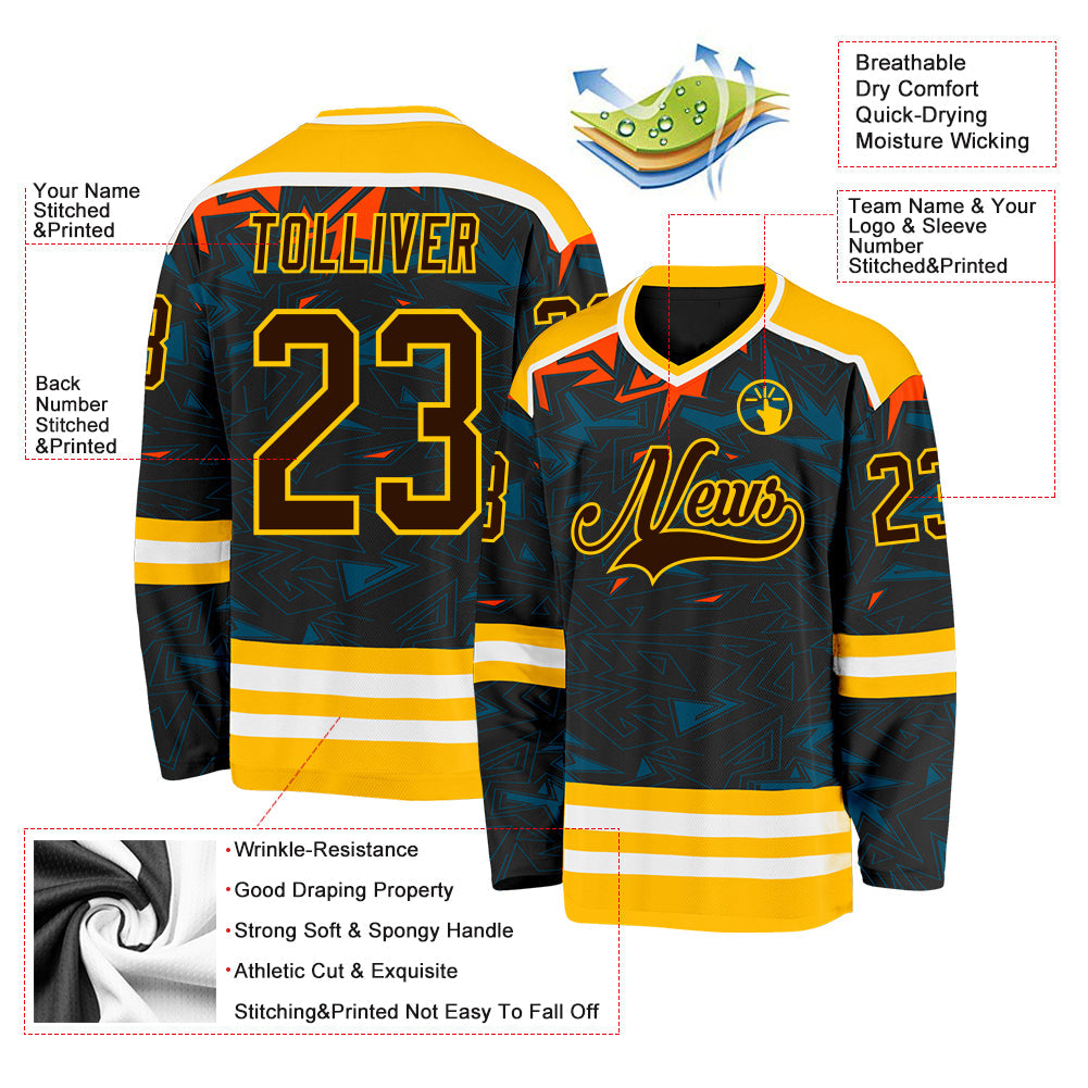 Custom Black Brown Yellow Orange Blue-White 3D Pattern Cyber Mecha E-sport Hockey Jersey view 3
