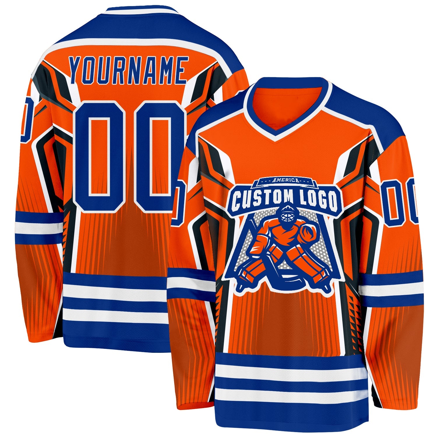 Custom Orange Royal-White 3D Pattern Cyber Mecha E-sport Hockey Jersey view 2