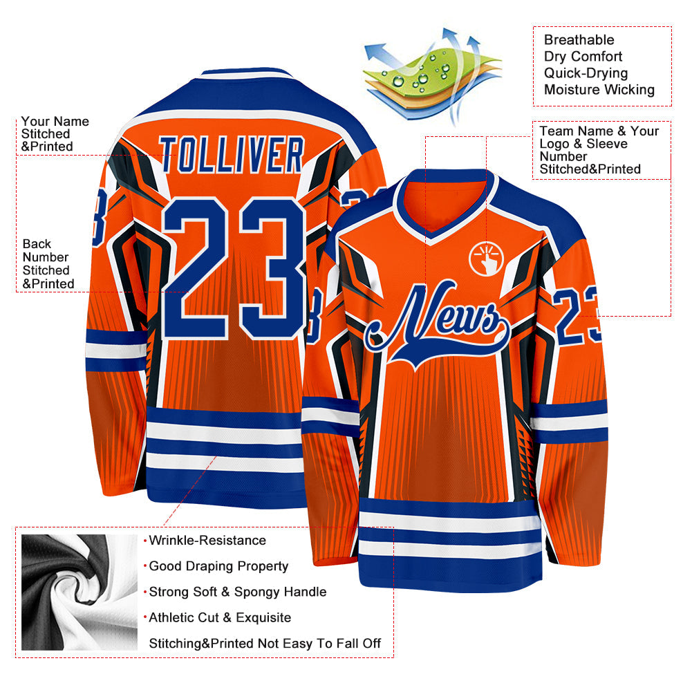 Custom Orange Royal-White 3D Pattern Cyber Mecha E-sport Hockey Jersey view 3