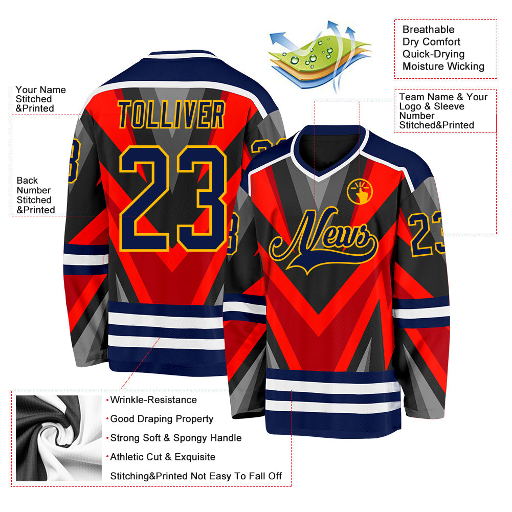 Custom Orange Navy Black Gray-Gold 3D Pattern Cyber Mecha E-sport Hockey Jersey view 3