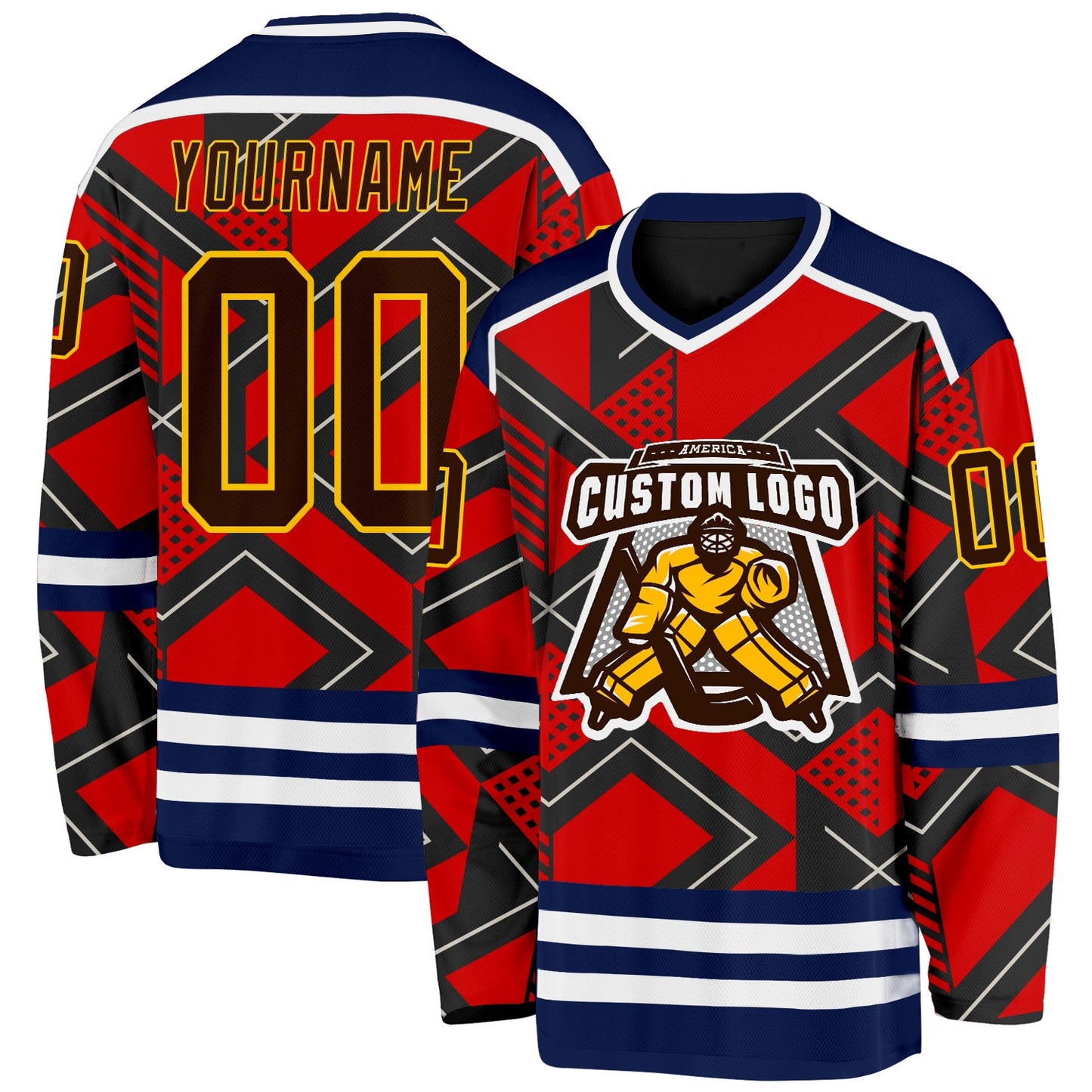 Custom Orange Brown Black Navy Yellow-White 3D Pattern Cyber Mecha E-sport Hockey Jersey view 2