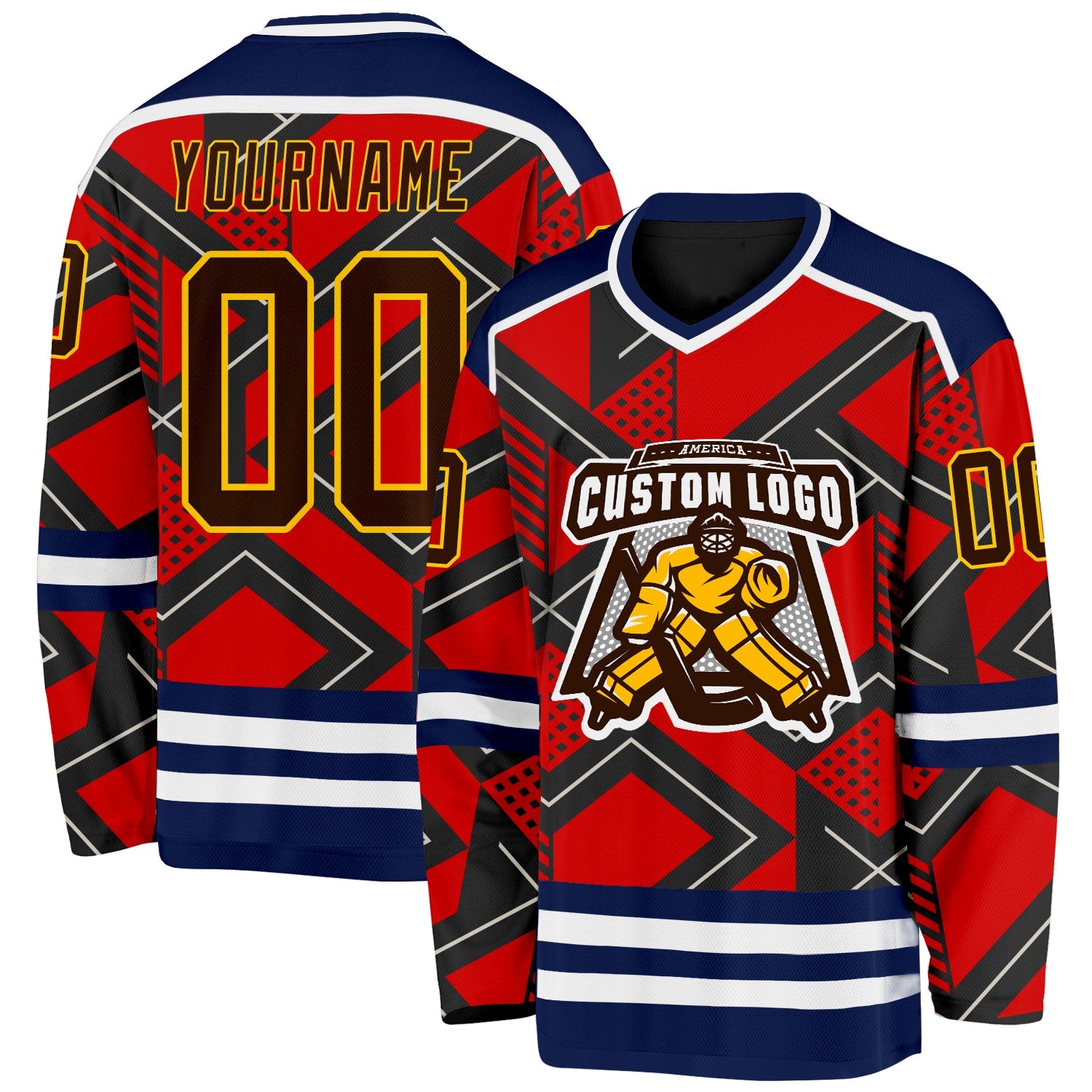 Custom Orange Brown Black Navy Yellow-White 3D Pattern Cyber Mecha E-sport Hockey Jersey view 2