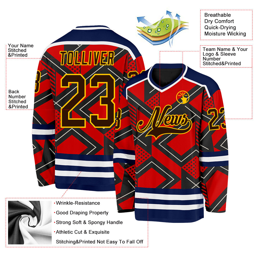 Custom Orange Brown Black Navy Yellow-White 3D Pattern Cyber Mecha E-sport Hockey Jersey view 3