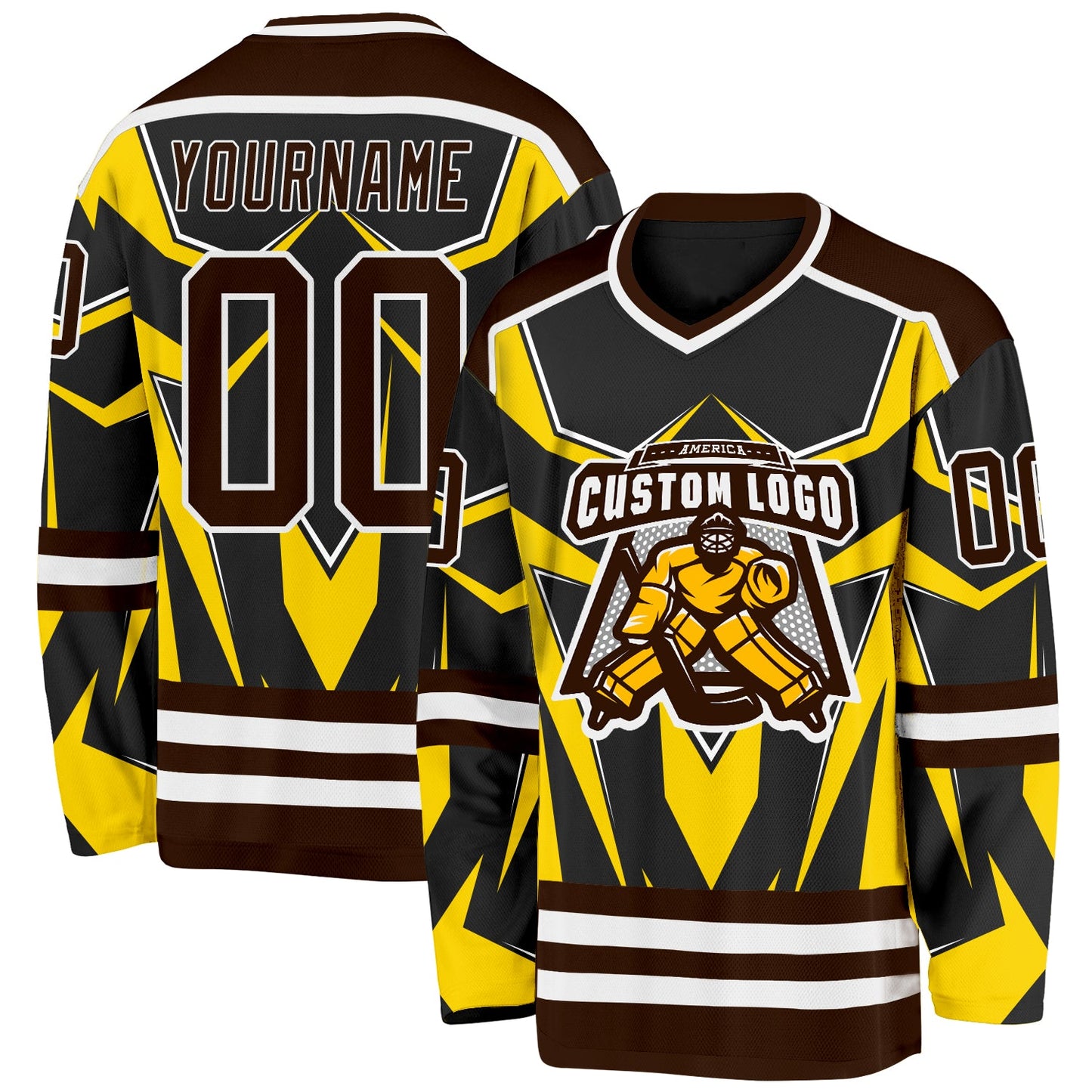Custom Black Brown Yellow-White 3D Pattern Cyber Mecha E-sport Hockey Jersey view 2