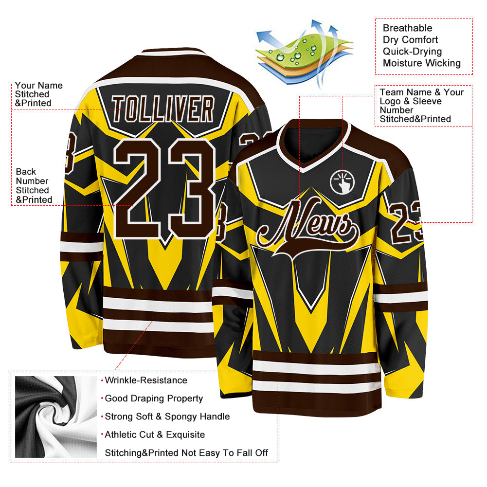 Custom Black Brown Yellow-White 3D Pattern Cyber Mecha E-sport Hockey Jersey view 3