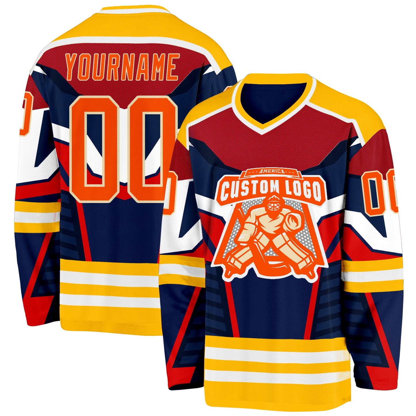Custom Navy Orange Gold Cream-White 3D Pattern Cyber Mecha E-sport Hockey Jersey view 2