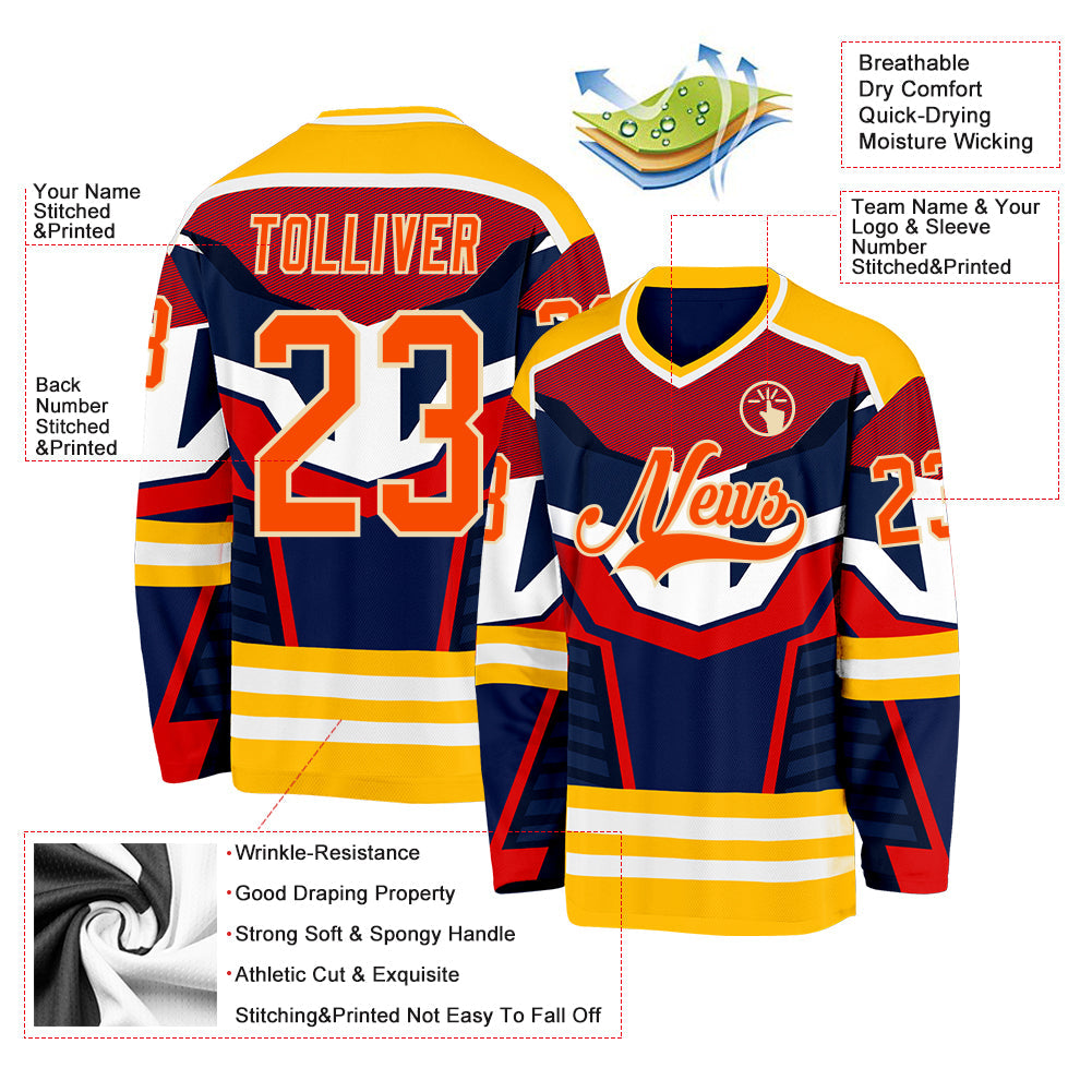 Custom Navy Orange Gold Cream-White 3D Pattern Cyber Mecha E-sport Hockey Jersey view 3