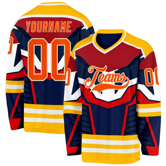 Custom Navy Orange Gold Cream-White 3D Pattern Cyber Mecha E-sport Hockey Jersey - Main View